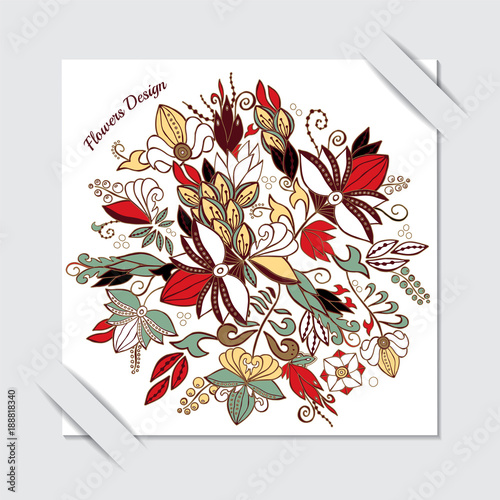 stock vector abstract flower and wave, doodle bouquet. oriental or arabic, russia textile design. template for card. banner