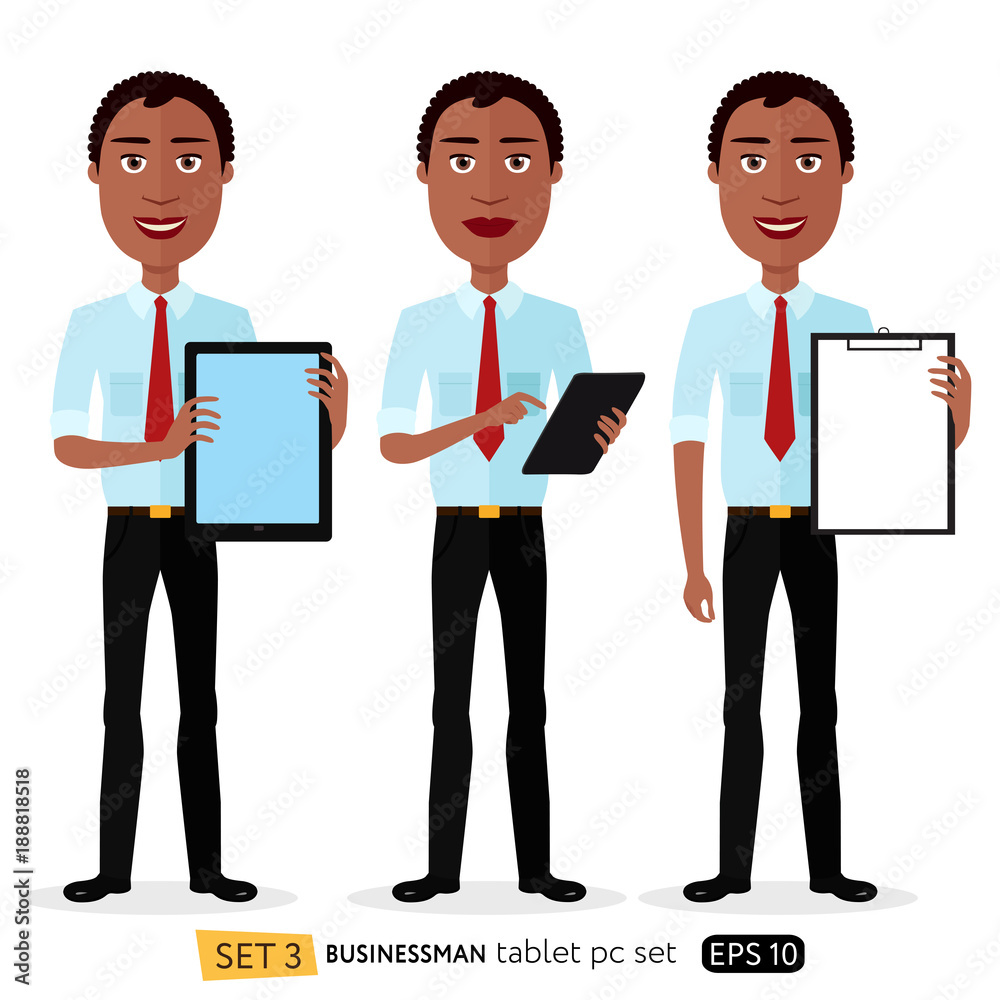 African smiling business cartoon man standing with tablet concept flat vector isolated on white
