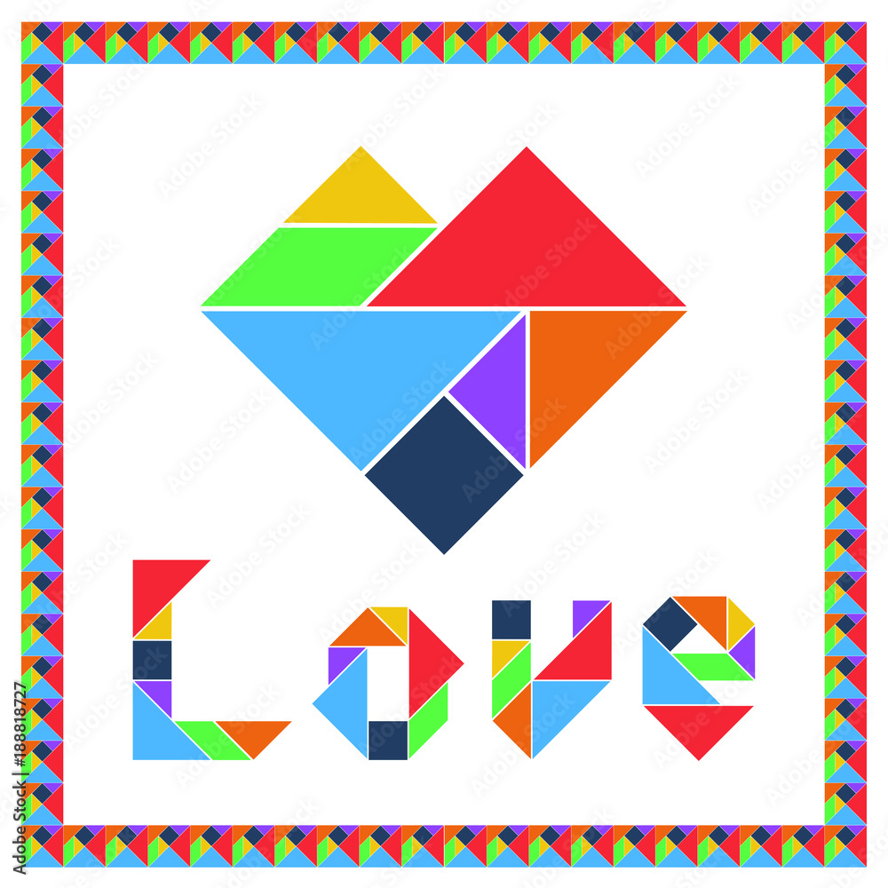 Tangram brain game HEART with text LOVE flat UI color isolated on dark background. Happy Valentine's Day vector illustration Tangram brain game HEART with text LOVE flat UI color isolated on dark background. Happy Valentine's Day vector illustration