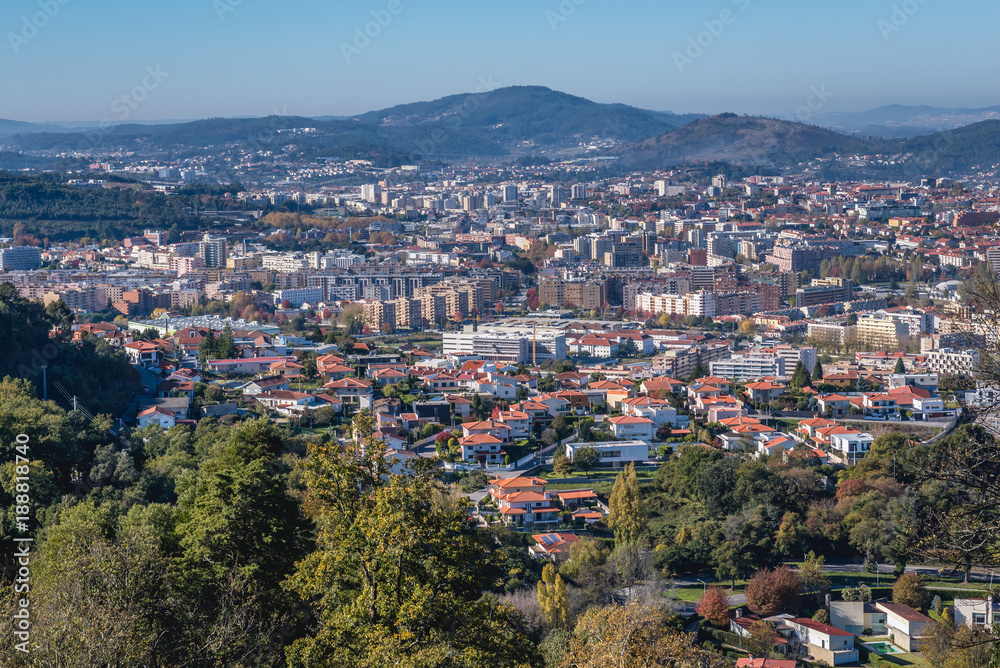 Aerial view of Braga city in Bom Jesus do Monte (Good Jesus of the Mount) sanctuary in Tenoes, outside the city of Braga, Portugal