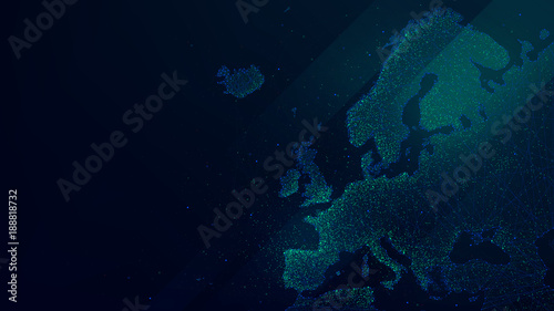 Polygonal map of Europe with luminous particles, technology futuristic vector background