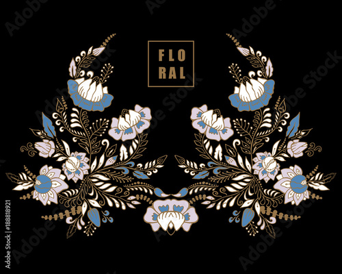 stock vector flowers and leaf ornament. oriental or russian pattern.necklace embroidery design