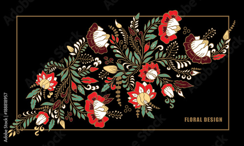 stock vector abstract hand draw flower and wave, doodle bouquet. oriental or arabic, russia textile design. template for card. banner