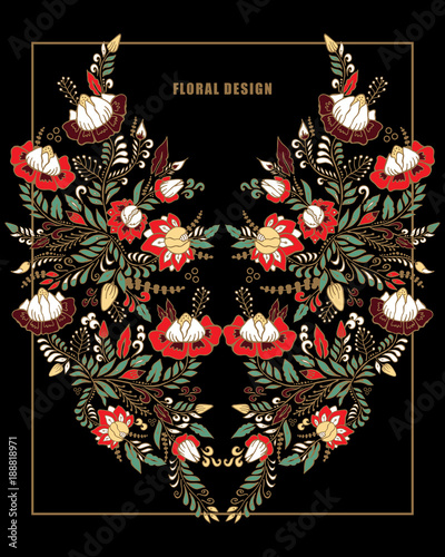 stock vector flowers and leaf ornament. oriental or russian pattern.necklace embroidery design