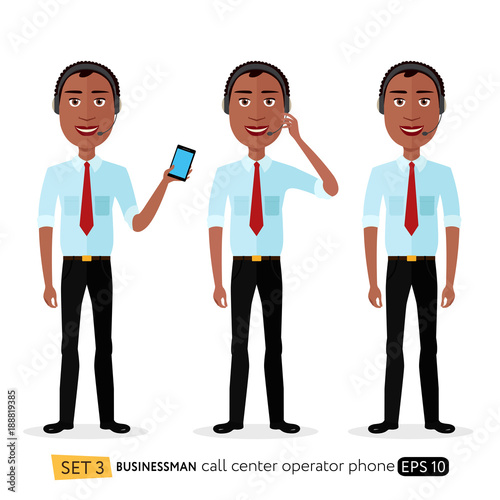 African American male call center operator wearing headset and holds phone flat modern style isolated on white background.