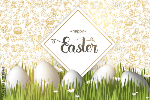 Easter poster with eggs on the grass, hand made trendy lettering "Happy Easter" and golden paschal symbols in sketch style. Banner, flyer, brochure. background for holidays, postcards, websites