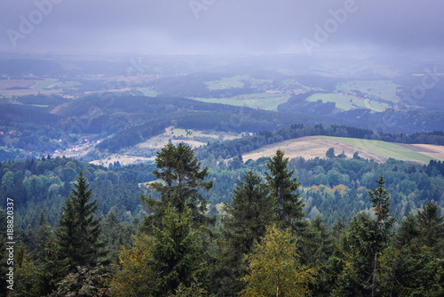 View from tourist attraction of Table Mountains called Errant Rocks in Sudetes, Poland