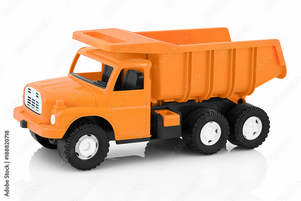 Vintage dump truck isolated on white background with shadow reflection