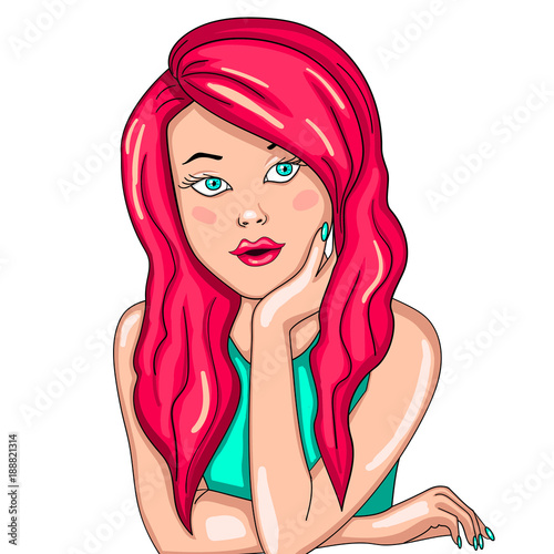 Beautiful girl leaning on a parapet, close-up portrait. White background