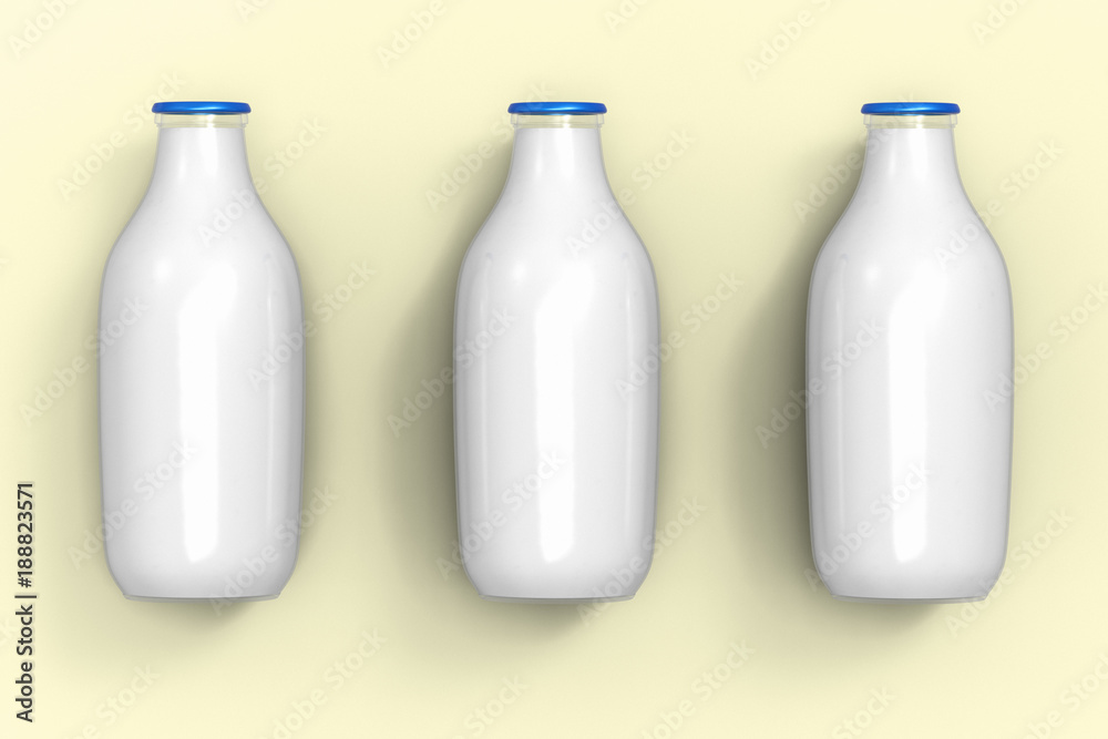 3D rendering of three milk bottles against a plain yellow background 3D rendering of three milk bottles against a plain yellow background