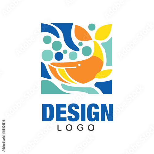 Abstract silhouette of orange whale in water. Marine icon in flat style. Original design for t-shirt print, postcard or business card. Colorful vector illustration