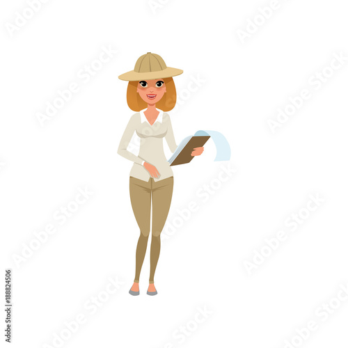 Beautiful archaeologist woman standing with clipboard in hands. Cartoon female character in hat, pants and blouse. Professional at work. Flat vector design