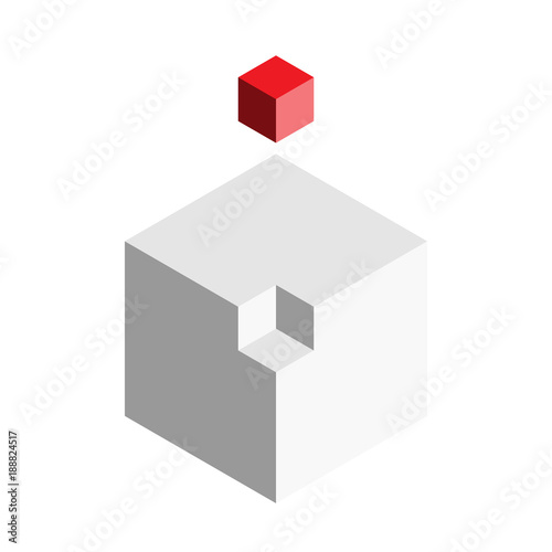 Solution design element concept. Block of 3D cubes with last red piece outside. Vector illustration.