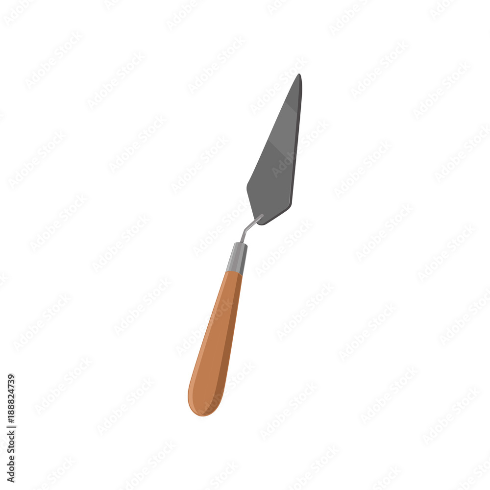 Narrow pointing trowel from stainless steel with wooden handle used in archaeological excavation. Working tool symbol. Flat vector design