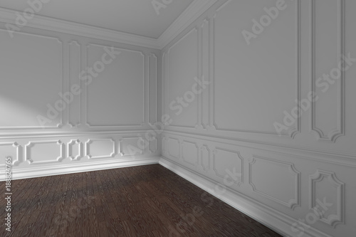 White room corner with molding and dark floor closeup