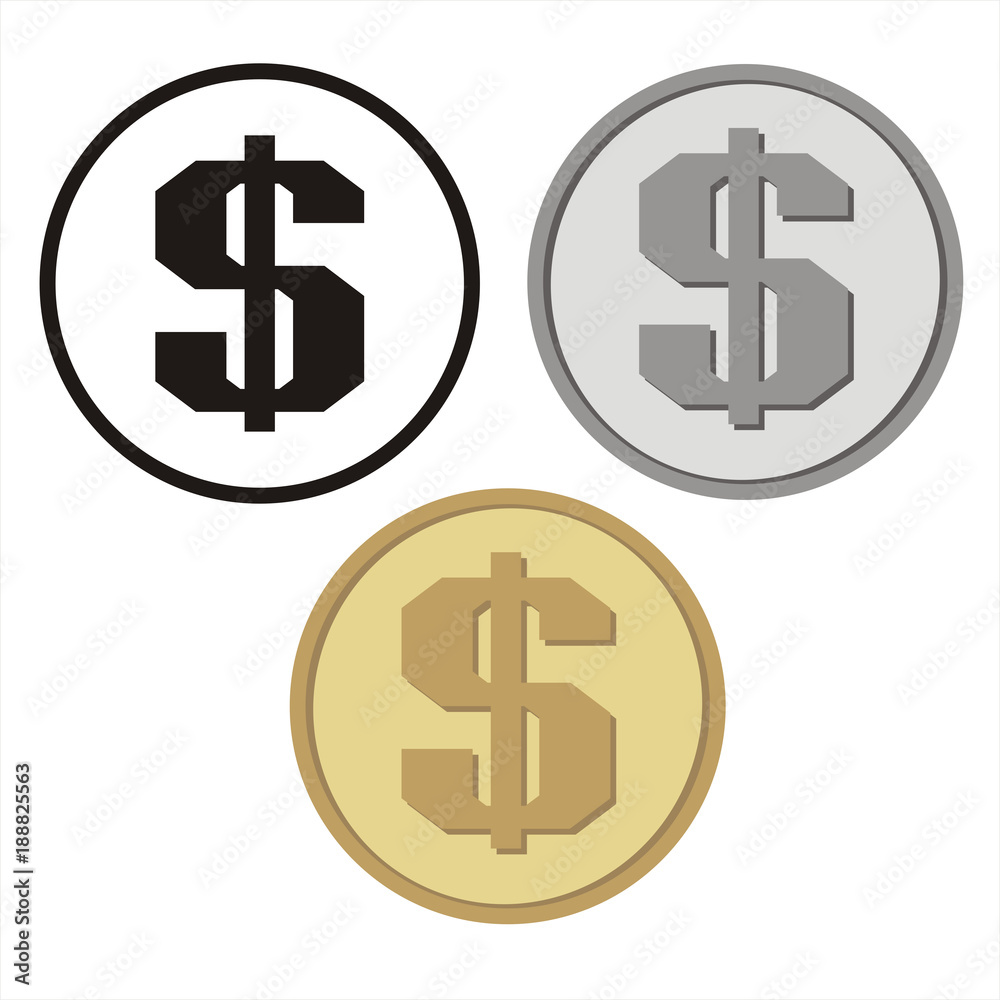 Set of isolated coins with the symbol of the US Dollar. Vector collection of symbol of the US Dollar: black, silver and gold. Set of isolated coins with the symbol of the US Dollar. Vector collection of symbol of the US Dollar: black, silver and gold.