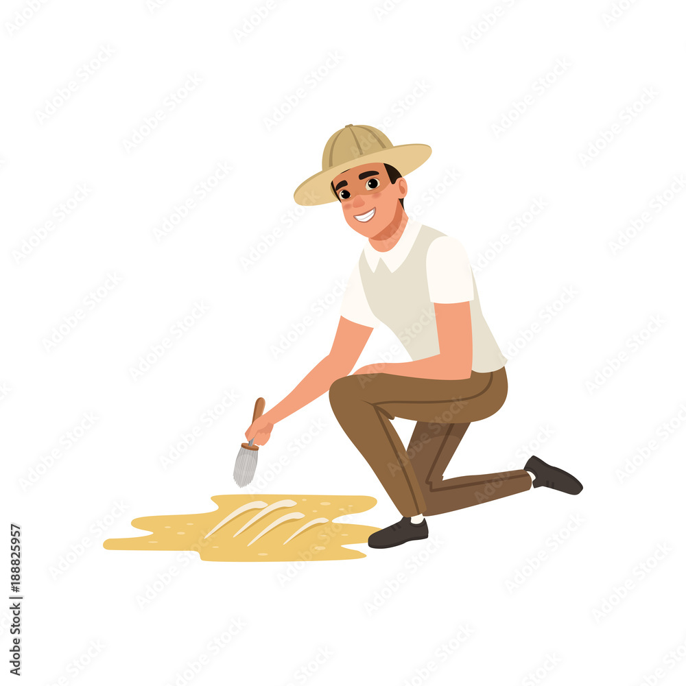 Man sitting on one knee and sweeping dirt from skeleton s bones. Cartoon  paleontologist using small brush. Male in shirt, pants and archaeologist hat.  Flat vector Stock Vector | Adobe Stock