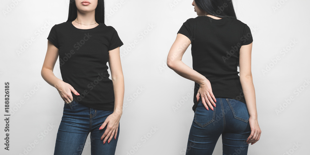 front and back view of young woman in blank black t-shirt isolated on white - obrazy, fototapety, plakaty 