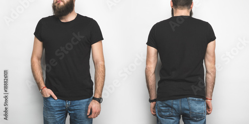 front and back view of man in black t-shirt isolated on white