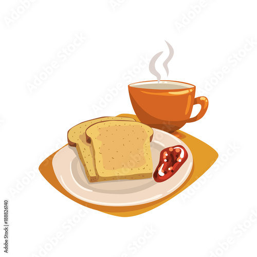 Tasty sliced bread toasts with fruit jam on plate and cup of hot tea or coffee. Appetizing breakfast. Concept of food and drink. Cartoon flat vector design