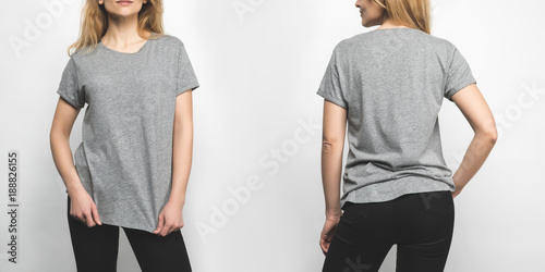 front and back view of young woman in blank grey t-shirt isolated on white