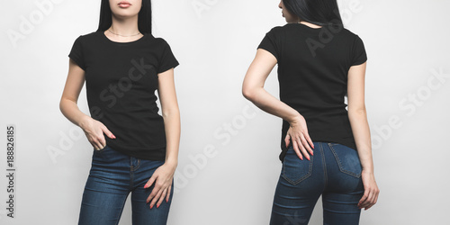 front and back view of young woman in blank black t-shirt isolated on white