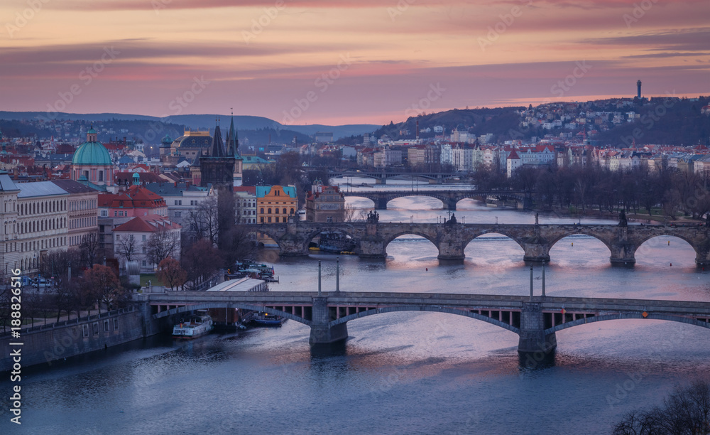 Beautiful sunrise over Prague from Letenske sady, The capital of Czech Republic