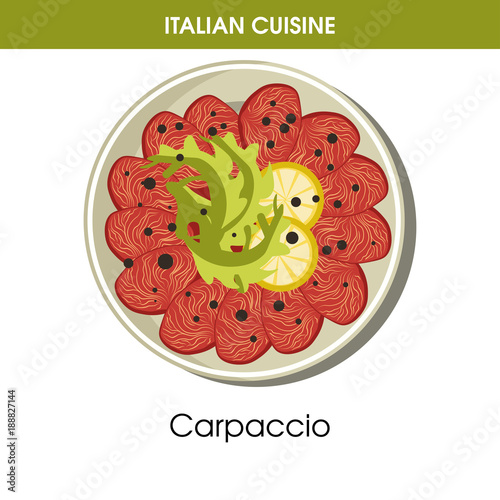 Italian cuisine Carpaccio meat or fish appetizer vector icon for restaurant menu or cooking recipe template