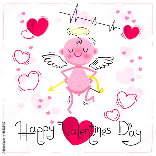 Valentines Day card with cute cupid and hearts on a white background. Vector illustration.