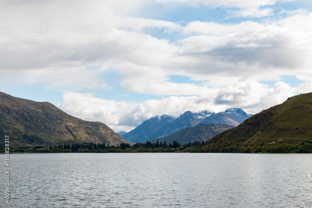 New Zealand Lake Hayes Queenstown landscape mountain panorama at sunset