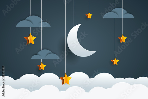 Night sky with moon, stars and clouds. Goodnight and sweet dream
