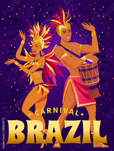 Brazil carnival poster with beautiful brazilian girl in exotic costume dancing samba on ultraviolet background vector illustration