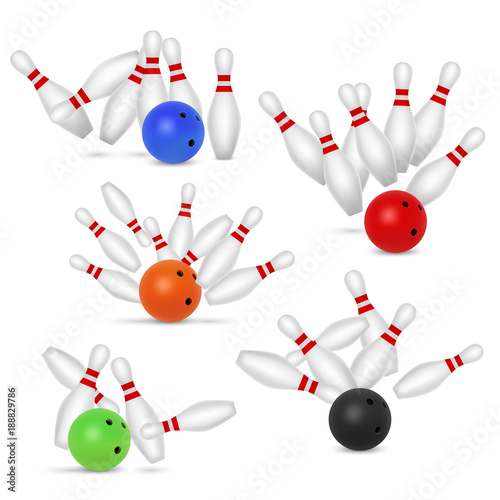 Bowling ball and skittles set, vector realistic illustration