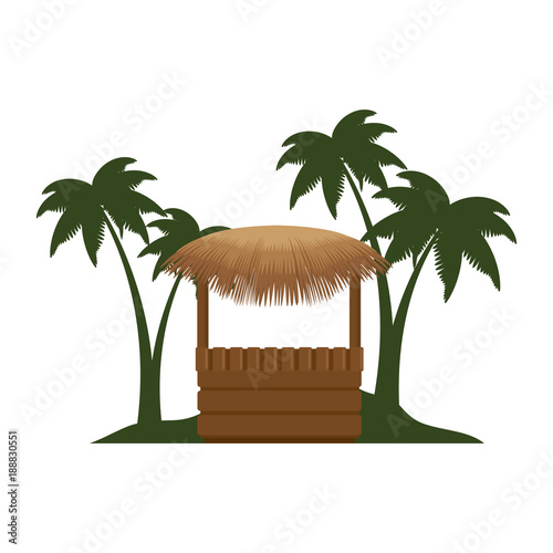 wooden kiosk and palm leaves on the beach illustration design