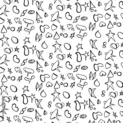 Vector illustration of icons, hearts, stars, dots. Black and White Symbols