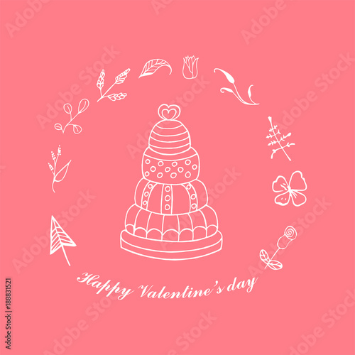 Greeting card Wedding cake, birthday cake, Valentine's day, hand-drawn, vector illustration