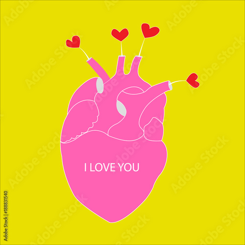 Colorful greeting card with image of pink heart, on mustard background, Valentine's Day, vector illustration