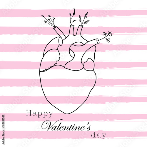 Postcard with the image of the linear heart from which grows flowers, Valentine's Day, vector illustration