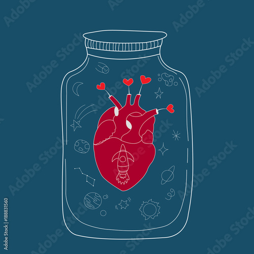 Postcard of the bank in which the heart, surrounded by space, planets, stars, Valentine's day, vector illustration