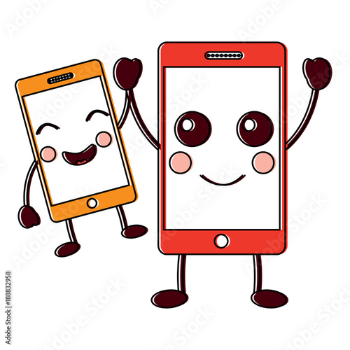 happy smartphone pair hand in hand cartoon kawaii vector illustration  