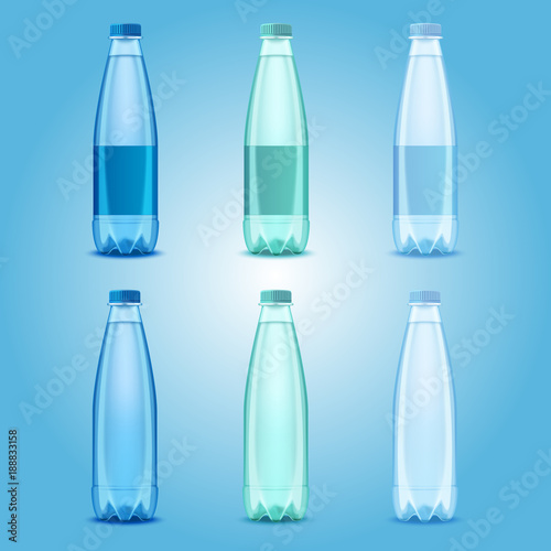 Vector realistic plastic drinking water bottles set