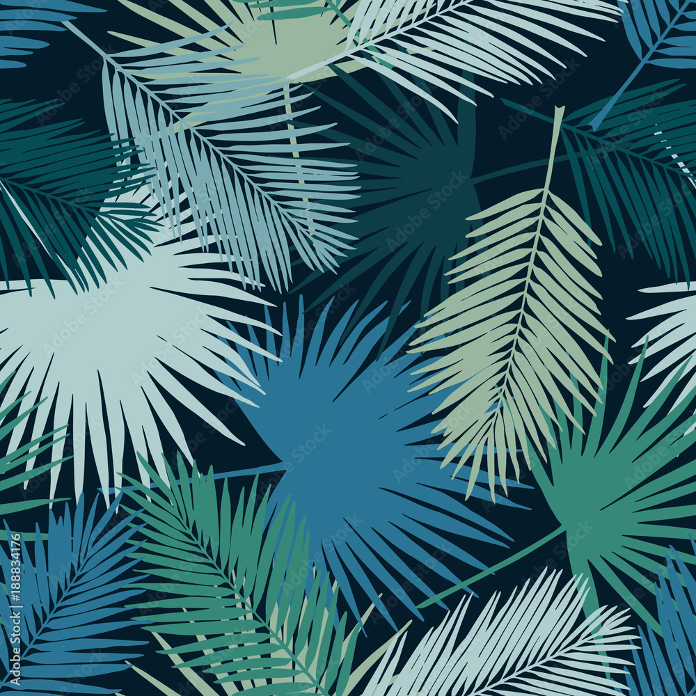 Seamless floral pattern with stylized fan and silk palm leaves. Jungle foliage, teal hues on navy blue background. Textile design.