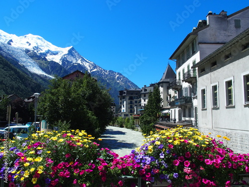CHAMONIX MONT BLANC village with high alpine mountains range landscape in french ALPS