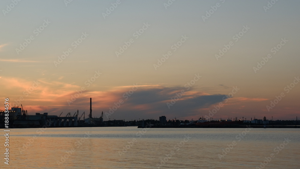 Beautiful red sunset above the harbor in Odessa.