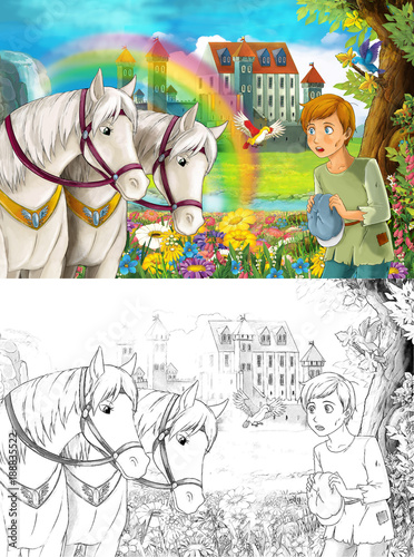 cartoon scene with beautiful pair of horses stream rainbow and palace in the background young poor boy is standing and looking illustration for children 
