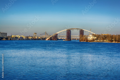 The view from Postal Square to new bridge construction on the Dnieper river, Kiev, Ukraine