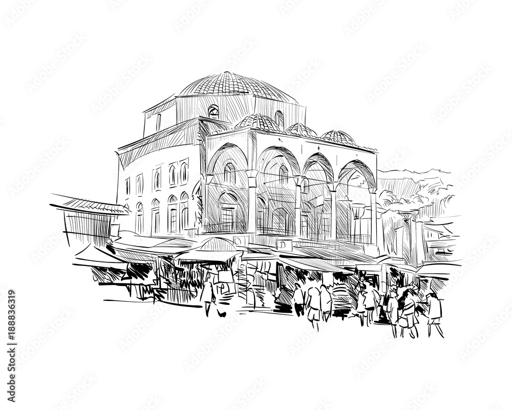 Cistarakis Mosque. Athens. Greece. Europe. Hand drawn sketch. Vector illustration.