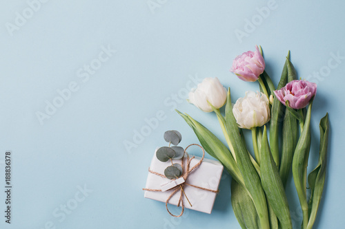 Fototapeta Naklejka Na Ścianę i Meble -  Mother's Day Composition: Violet and white tulips and a gift boxes on a blue background. Top view.Flat lay.