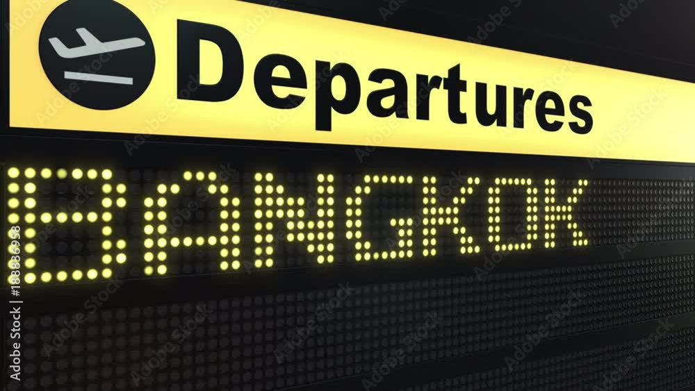 Flight to Bangkok on international airport departures board. Travelling to Thailand conceptual intro animation