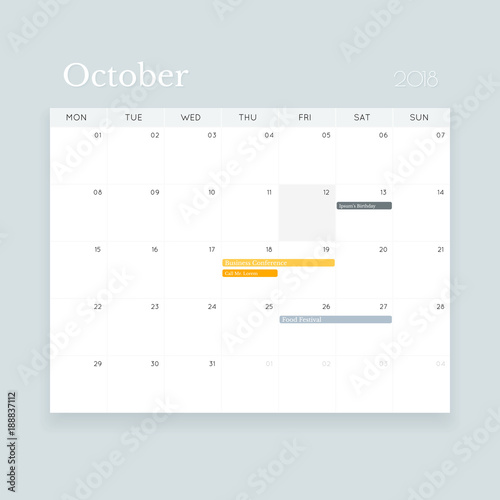 Simple minimalistic editable vector October 2018 event calendar template